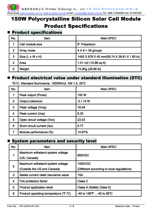 Pv Module Data Sheet